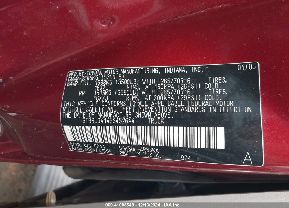 2005 TOYOTA TUNDRA SR5 VIN: 5TBRU34145S452644