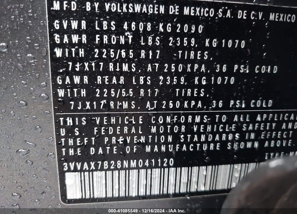 2022 VOLKSWAGEN TAOS 1.5T S VIN: 3VVAX7B28NM041120