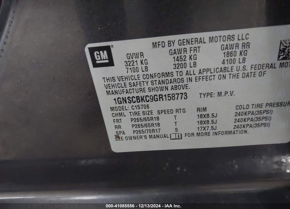 2016 CHEVROLET TAHOE LT VIN: 1GNSCBKC9GR158773