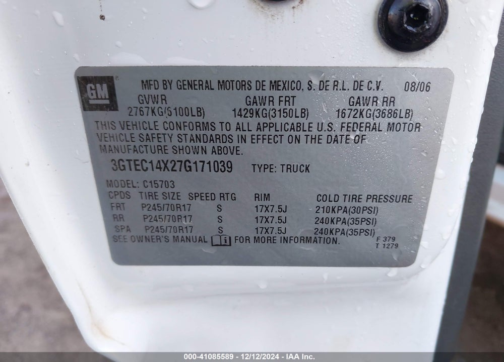 2007 GMC SIERRA 1500 CLASSIC SL VIN: 3GTEC14X27G171039