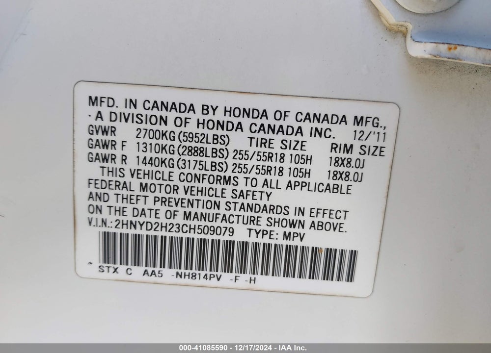 2012 ACURA MDX VIN: 2HNYD2H23CH509079