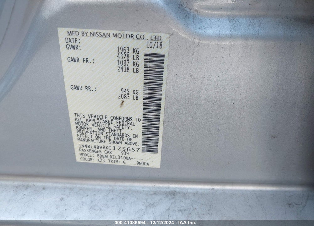 2019 NISSAN ALTIMA 2.5 S VIN: 1N4BL4BV8KC125657
