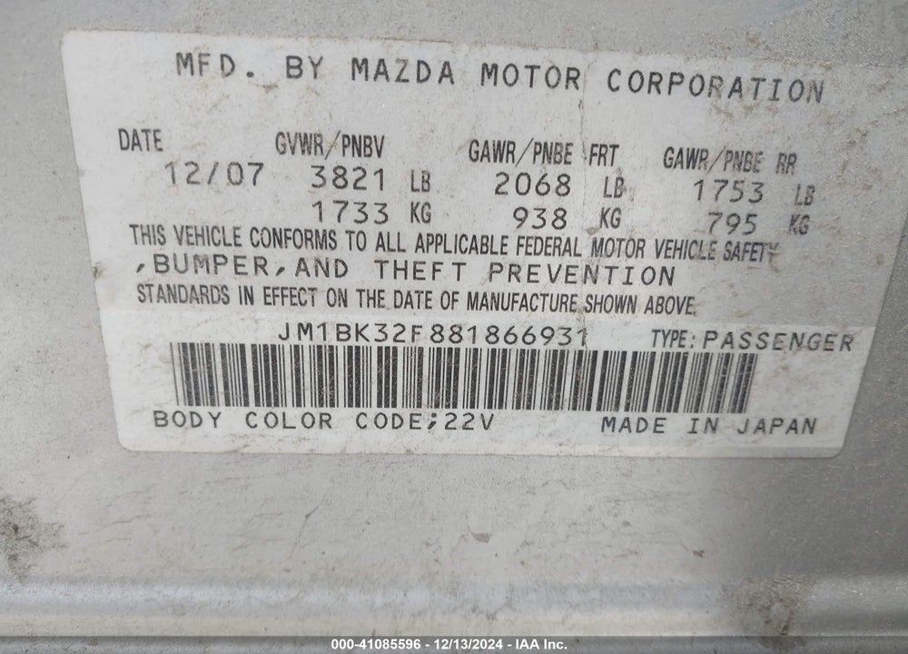 2008 MAZDA 3 I VIN: JM1BK32F881866931