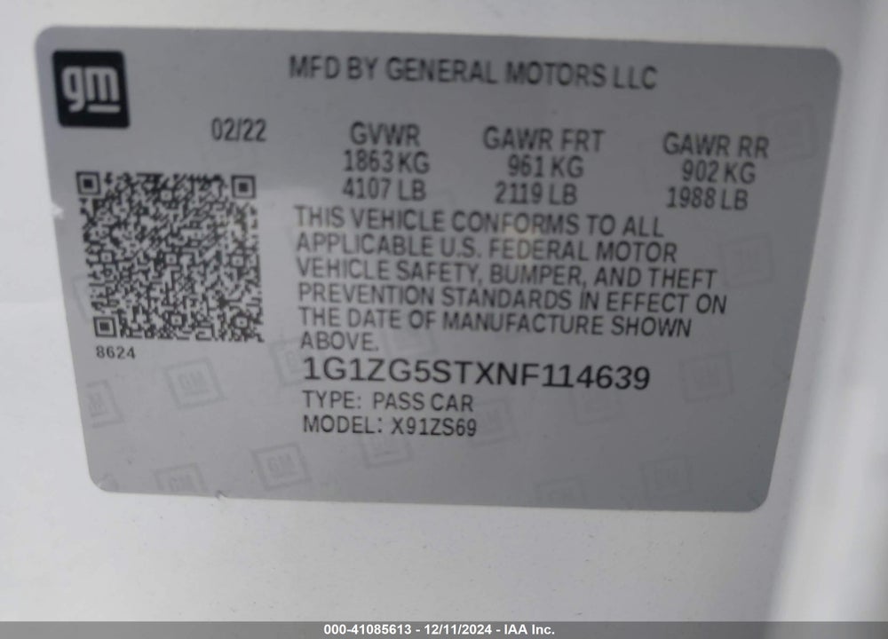 2022 CHEVROLET MALIBU FWD RS VIN: 1G1ZG5STXNF114639