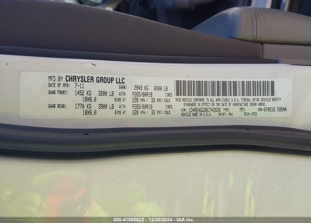 2011 DODGE DURANGO CREW VIN: 1D4RE4GG3BC742626