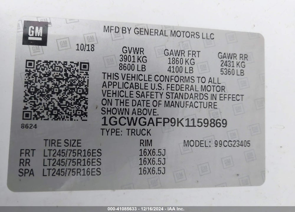 2019 CHEVROLET EXPRESS 2500 WORK VAN VIN: 1GCWGAFP9K1159869