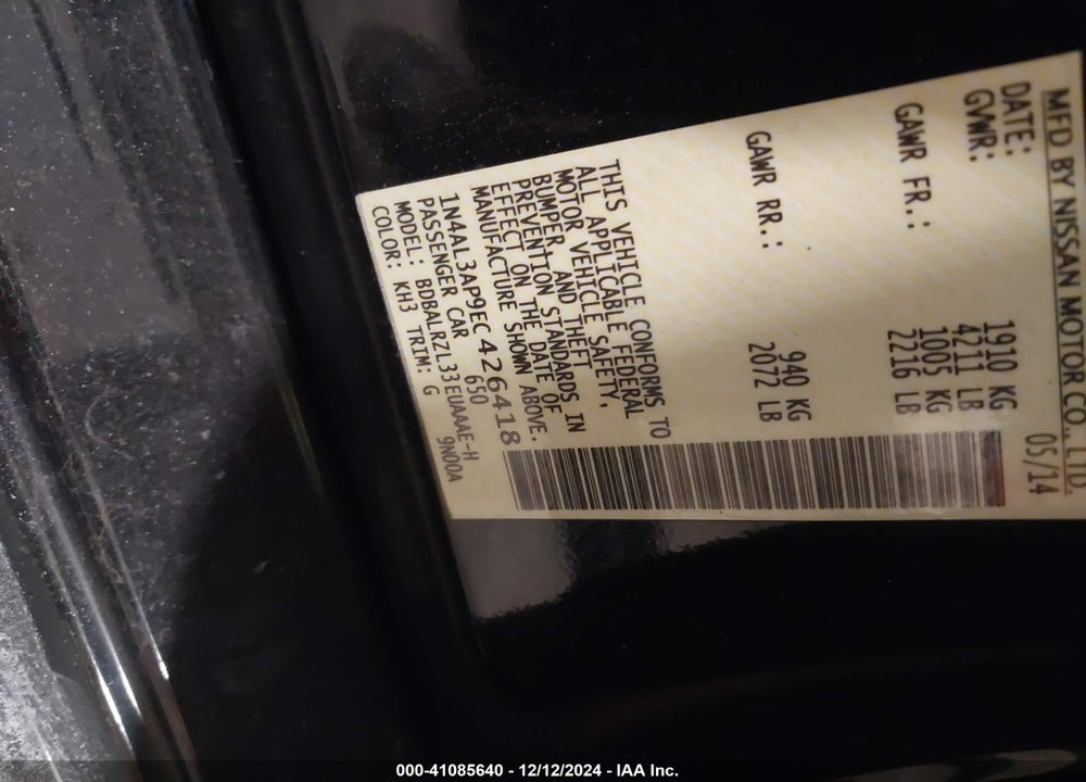 2014 NISSAN ALTIMA VIN: 1N4AL3AP9EC426418