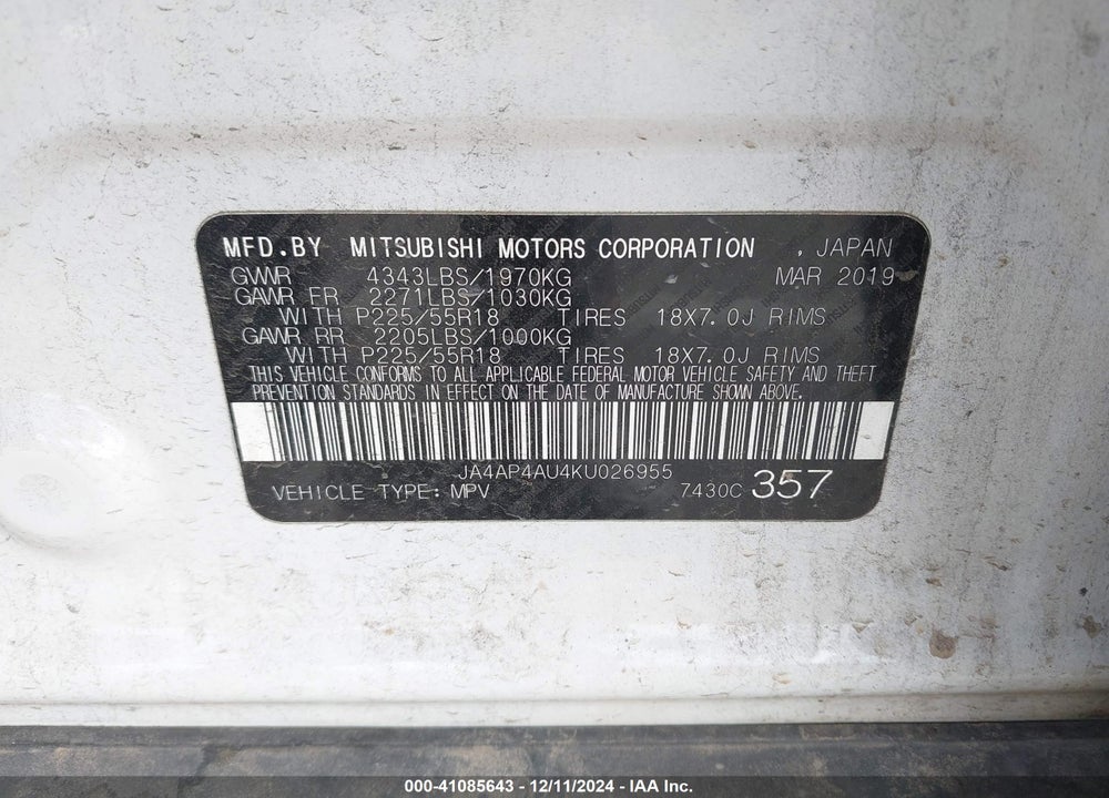 2019 MITSUBISHI OUTLANDER SPORT 2.0 SE VIN: JA4AP4AU4KU026955