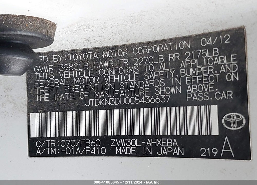 2012 TOYOTA PRIUS TWO VIN: JTDKN3DU0C5436637