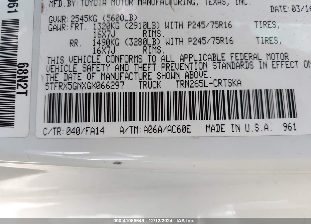 2016 TOYOTA TACOMA SR VIN: 5TFRX5GNXGX066297