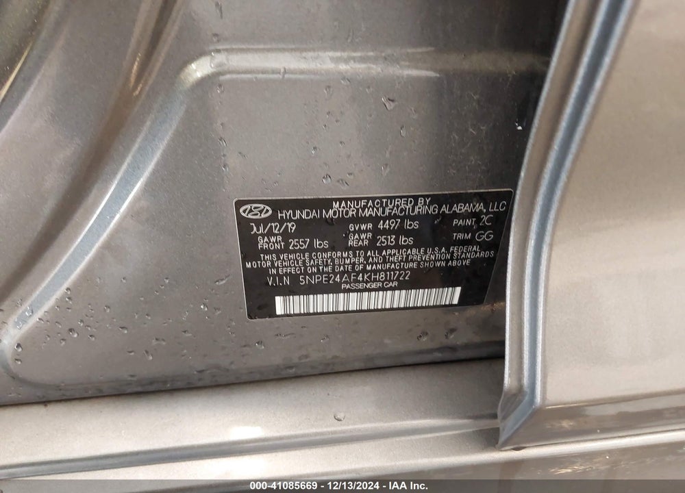 2019 HYUNDAI SONATA SE VIN: 5NPE24AF4KH811722