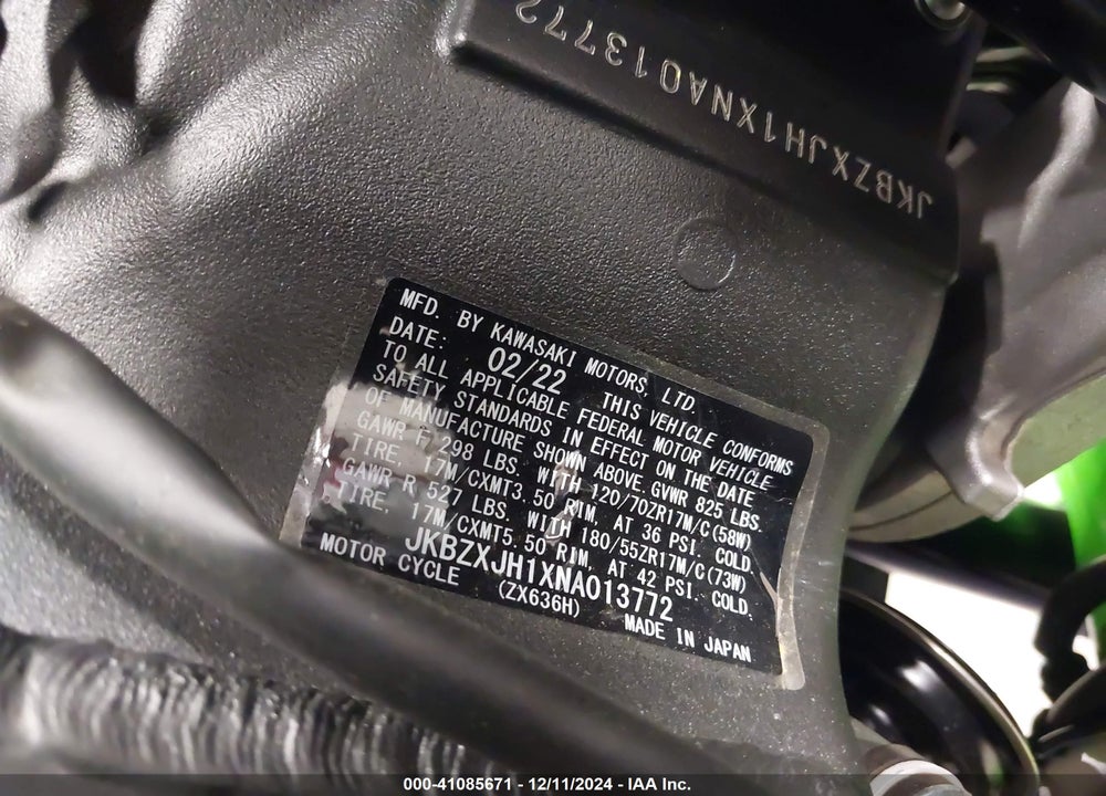 2022 KAWASAKI ZX636 K VIN: JKBZXJH1XNA013772