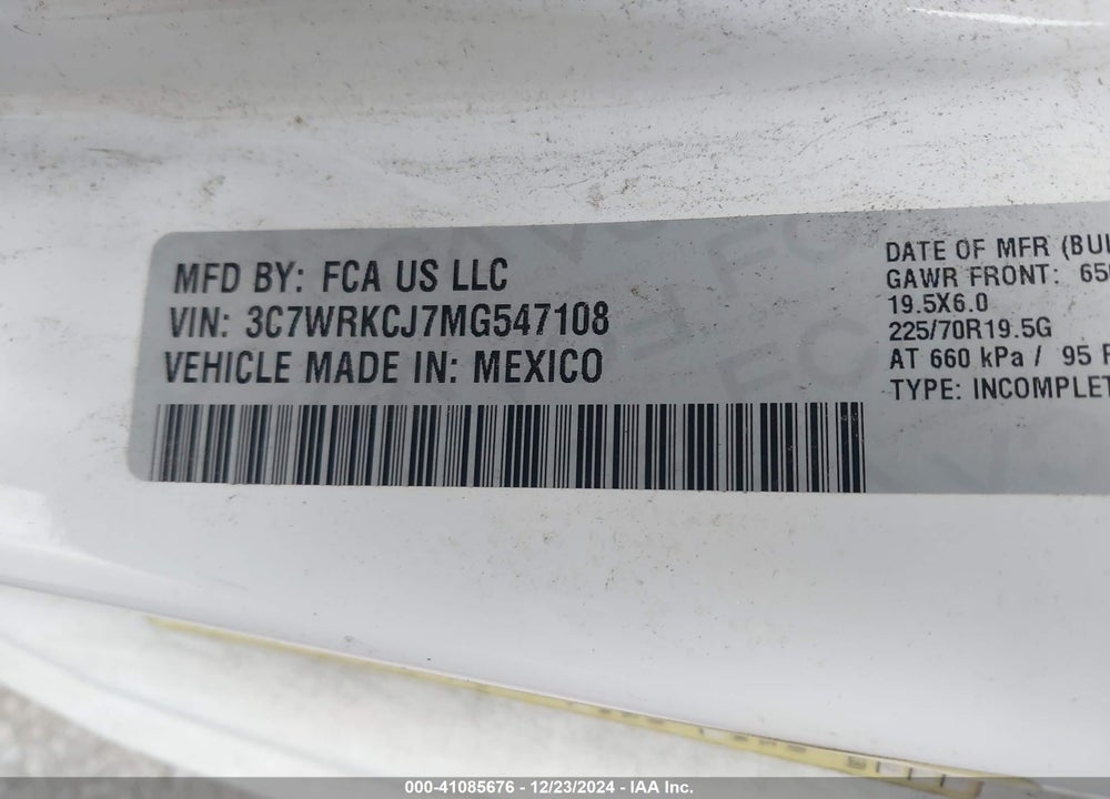 2021 RAM 4500 CHASSIS TRADESMAN/SLT VIN: 3C7WRKCJ7MG547108