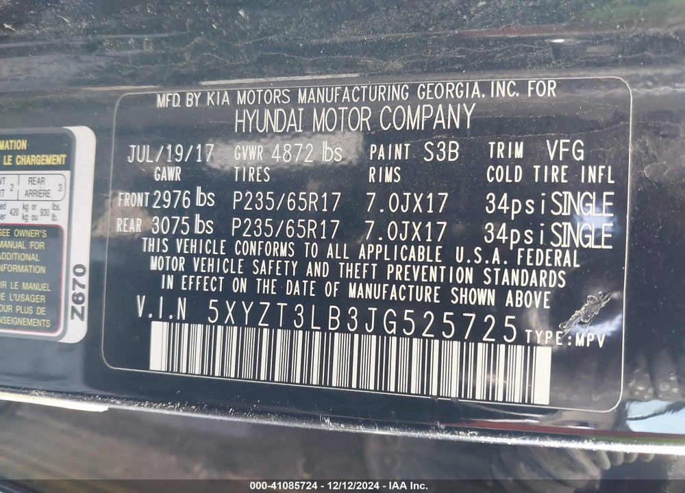 2018 HYUNDAI SANTA FE SPORT 2.4L VIN: 5XYZT3LB3JG525725