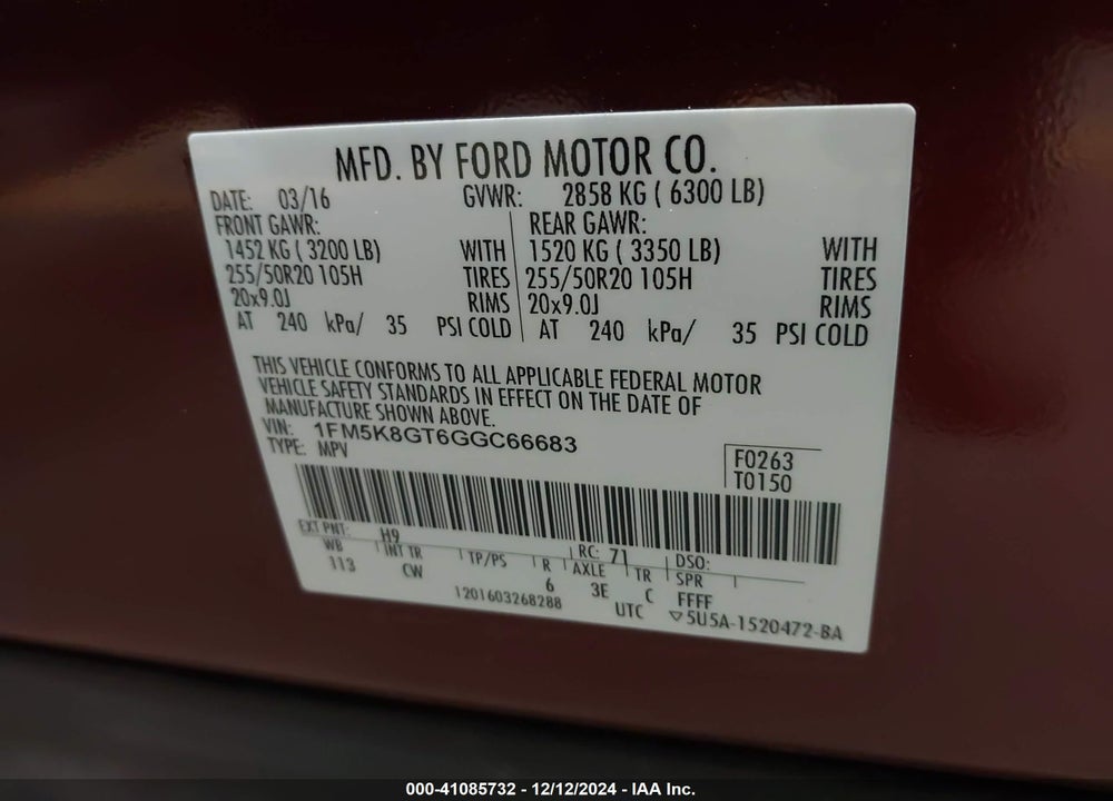 2016 FORD EXPLORER SPORT VIN: 1FM5K8GT6GGC66683