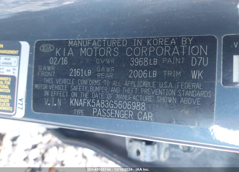2016 KIA FORTE LX VIN: KNAFK5A83G5606988