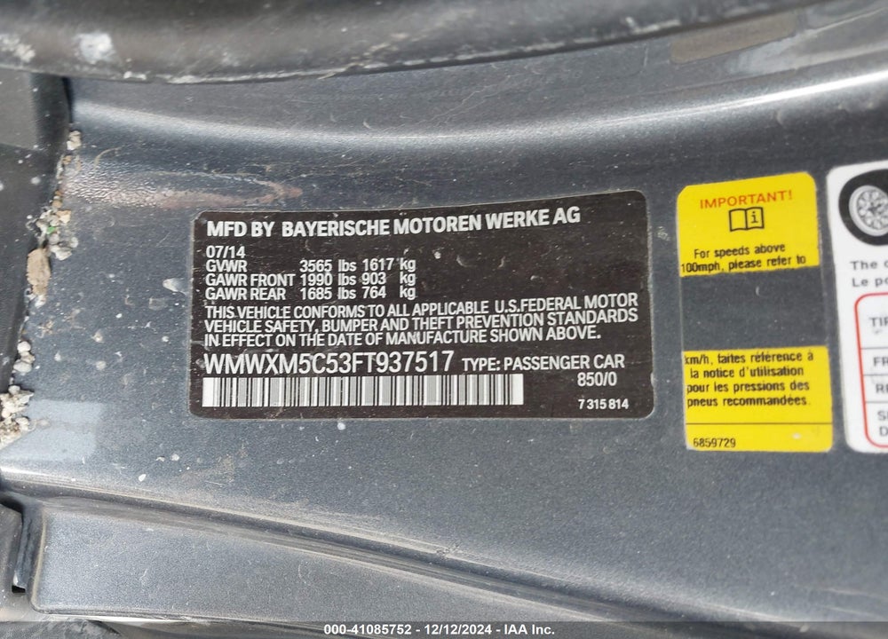 2015 MINI COOPER HARDTOP VIN: WMWXM5C53FT937517