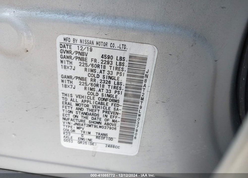 2020 NISSAN ROGUE SV FWD VIN: JN8AT2MT9LW037906