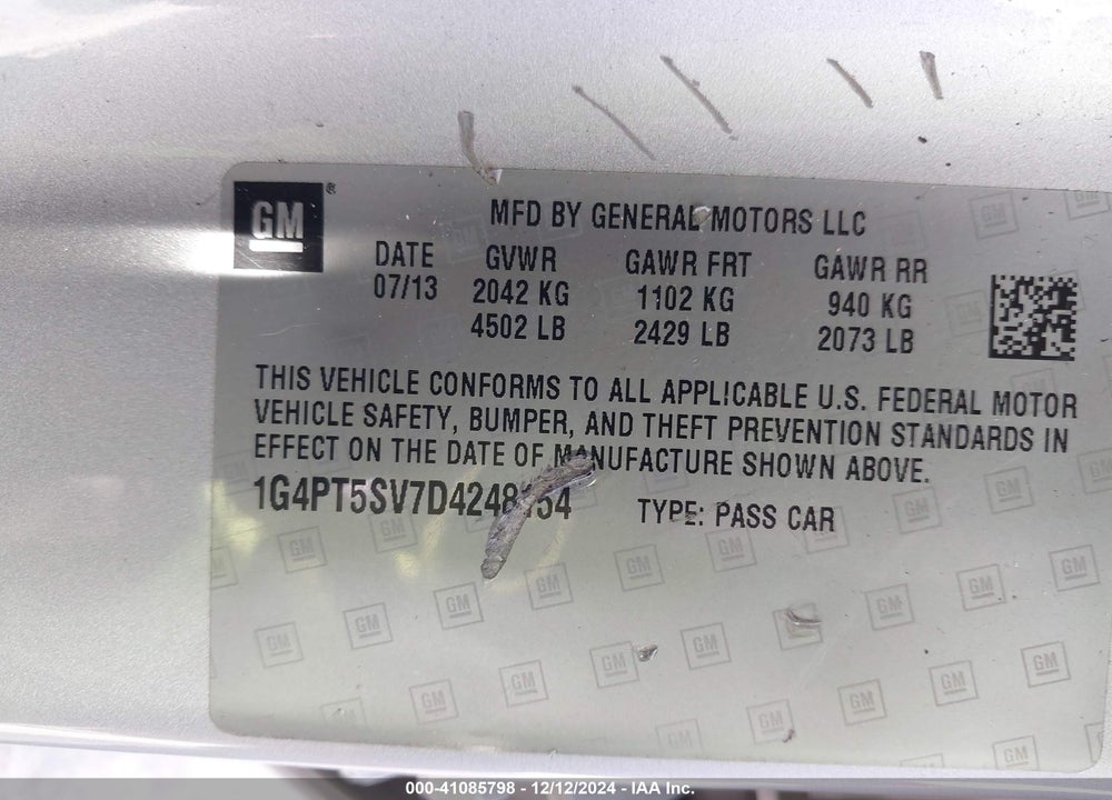 2013 BUICK VERANO PREMIUM GROUP VIN: 1G4PT5SV7D4248154