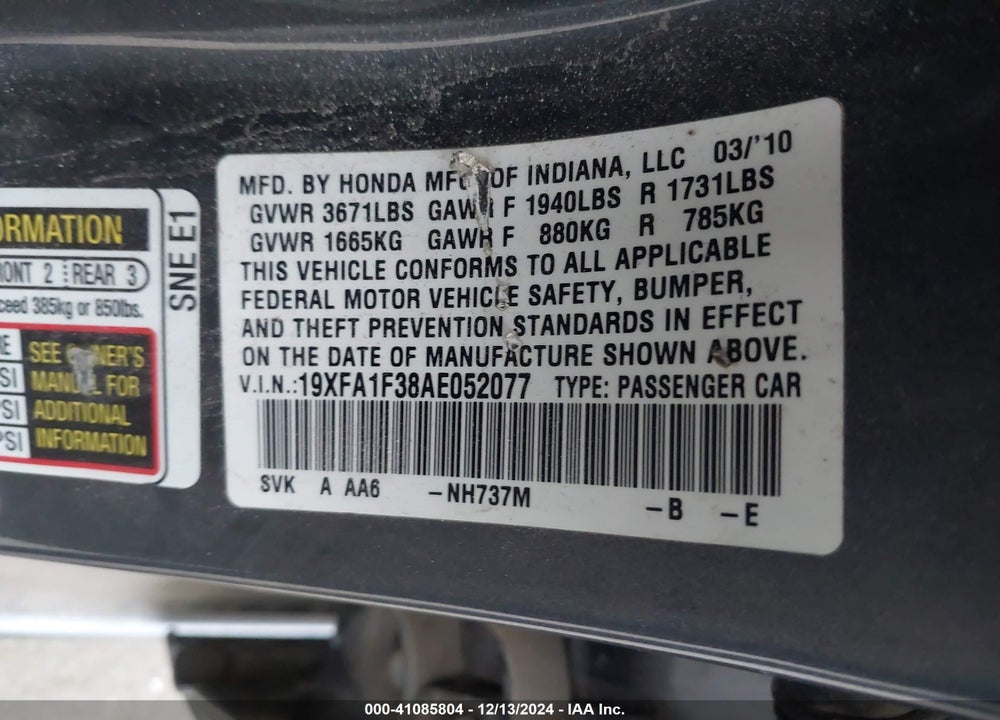 2010 HONDA CIVIC VP VIN: 19XFA1F38AE052077