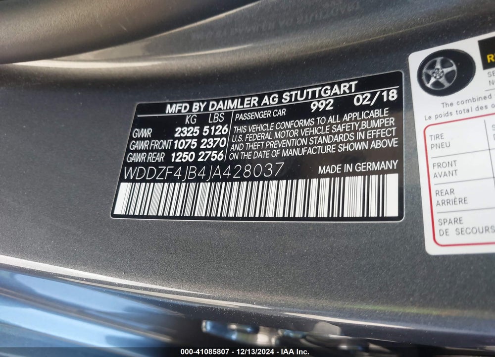 2018 MERCEDES-BENZ E VIN: WDDZF4JB4JA428037