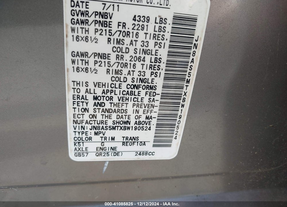 2011 NISSAN ROGUE S VIN: JN8AS5MTXBW190524