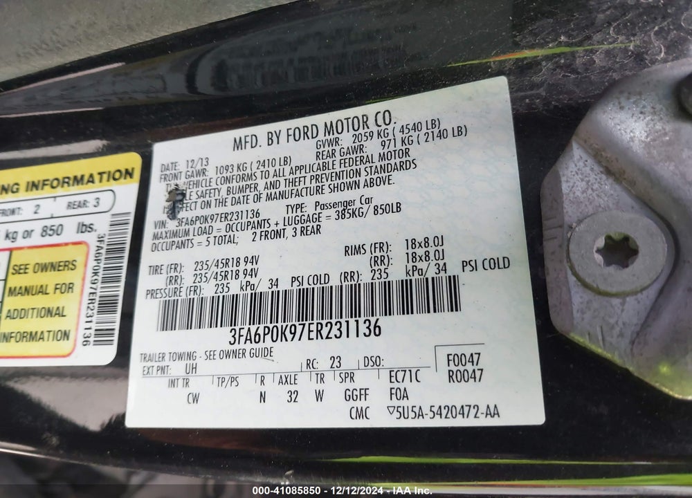 2014 FORD FUSION TITANIUM VIN: 3FA6P0K97ER231136