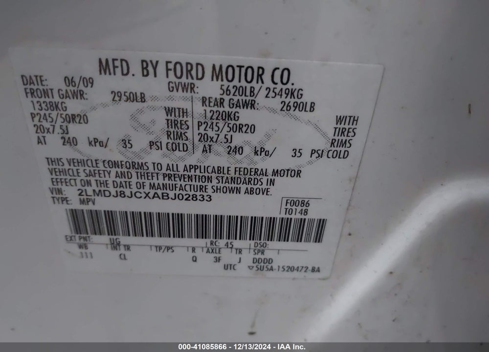 2010 LINCOLN MKX VIN: 2LMDJ8JCXABJ02833