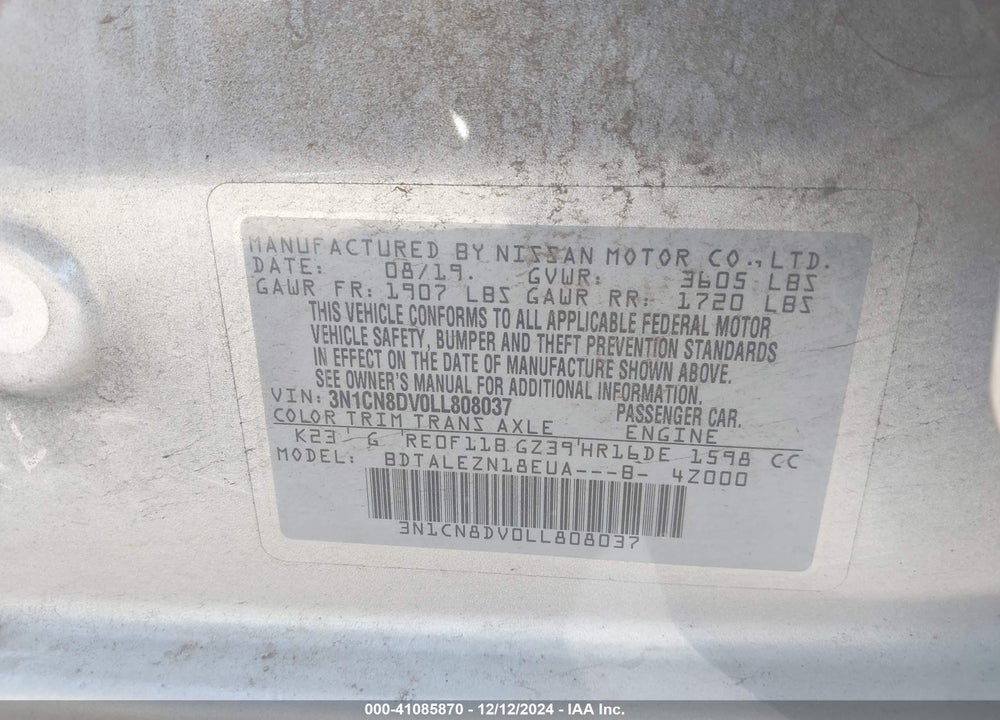 2020 NISSAN VERSA VIN: 3N1CN8DV0LL808037