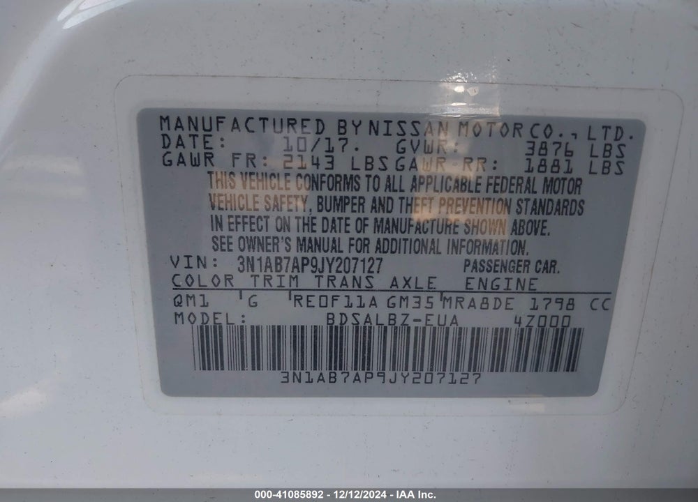 2018 NISSAN SENTRA S VIN: 3N1AB7AP9JY207127