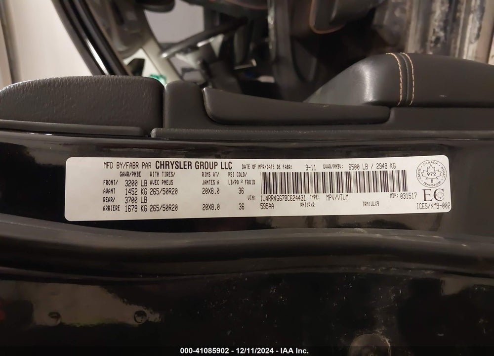 2011 JEEP GRAND CHEROKEE LAREDO VIN: 1J4RR4GG7BC624431