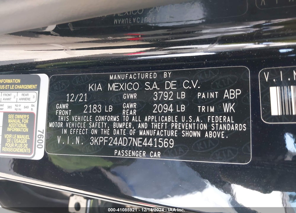 2022 KIA FORTE FE VIN: 3KPF24AD7NE441569