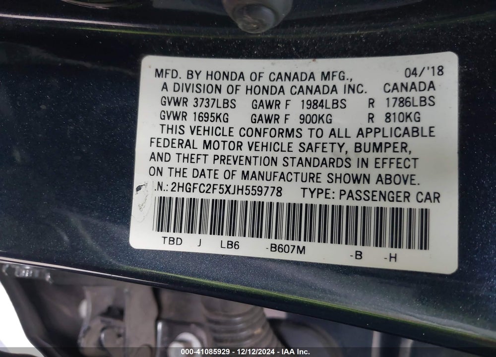 2018 HONDA CIVIC LX VIN: 2HGFC2F5XJH559778