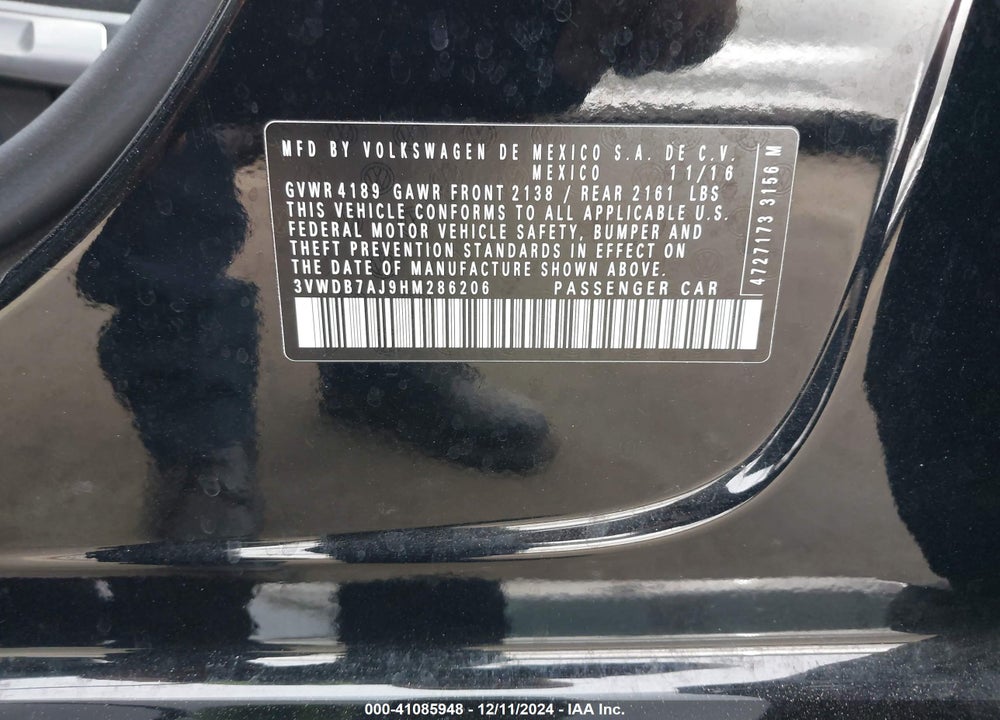 2017 VOLKSWAGEN JETTA 1.4T SE VIN: 3VWDB7AJ9HM286206