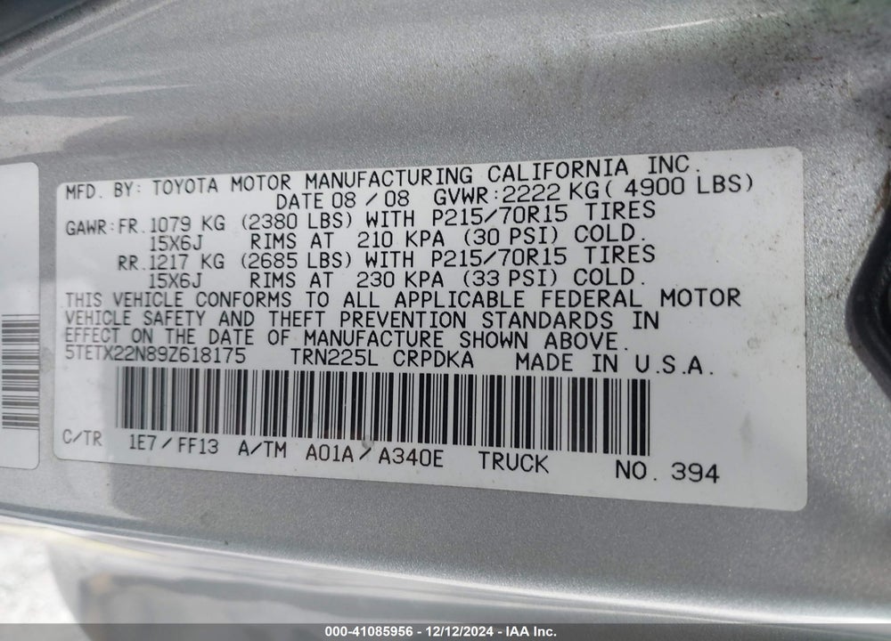 2009 TOYOTA TACOMA VIN: 5TETX22N89Z618175
