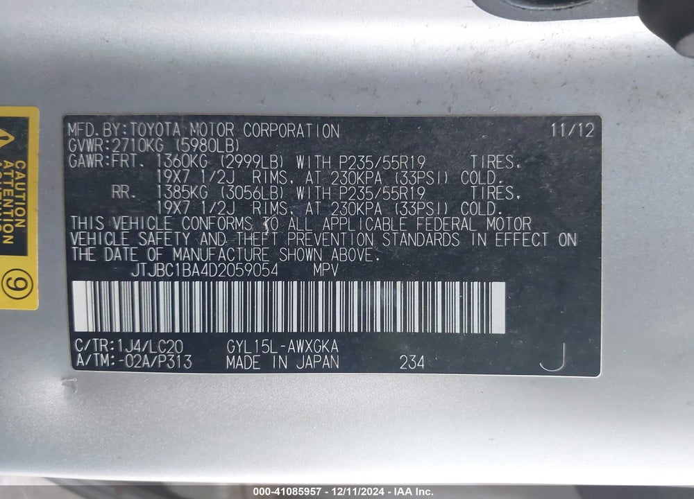 2013 LEXUS RX 450H VIN: JTJBC1BA4D2059054