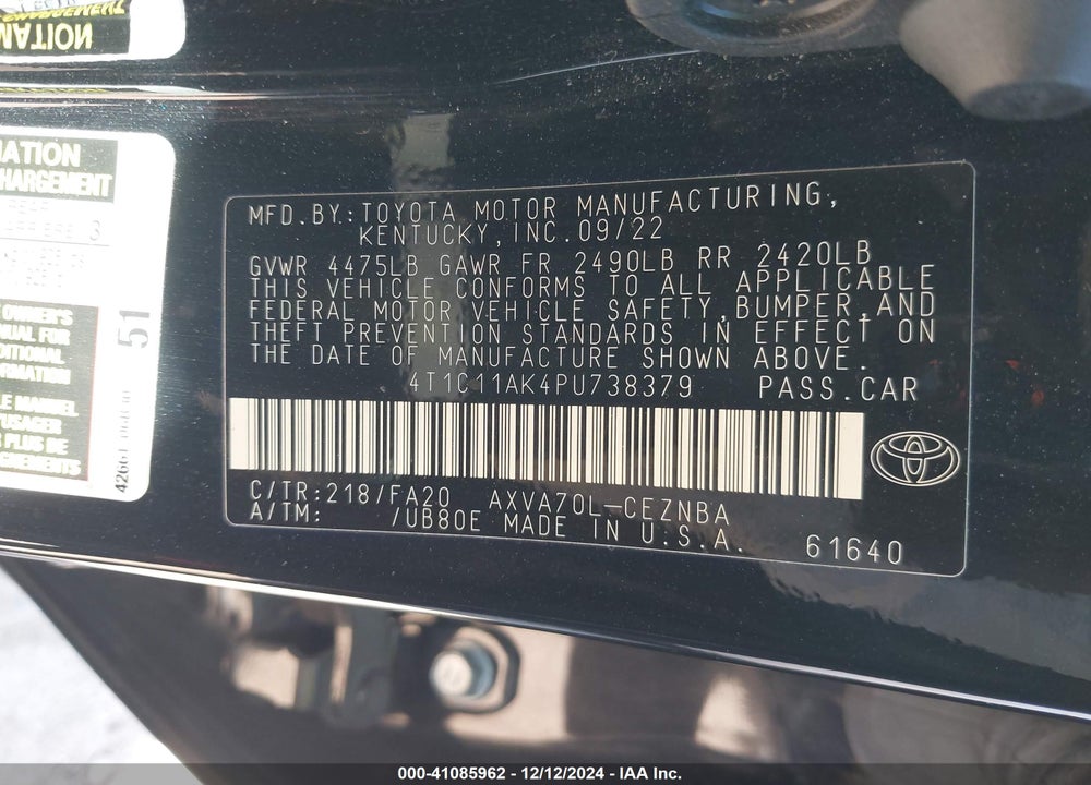 2023 TOYOTA CAMRY VIN: 4T1C11AK4PU738379