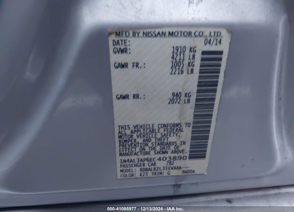 2014 NISSAN ALTIMA 2.5/2.5 S/2.5 SL/2.5 SV VIN: 1N4AL3AP6EC403890