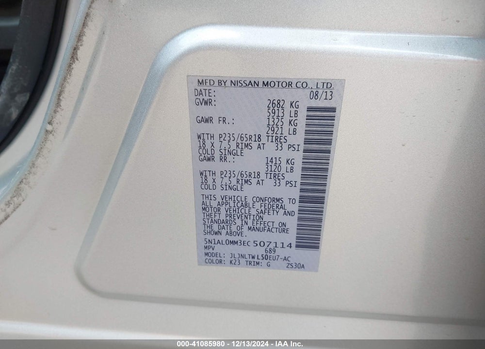 2014 INFINITI QX60 VIN: 5N1AL0MM3EC507114