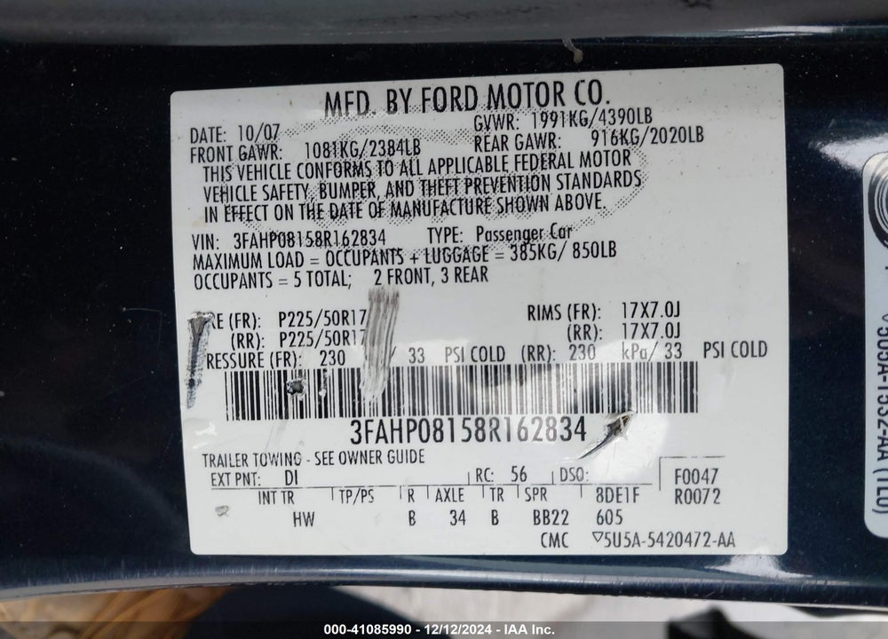 2008 FORD FUSION SEL VIN: 3FAHP08158R162834
