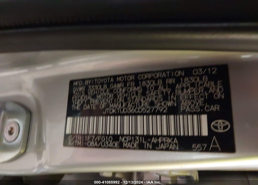 2012 TOYOTA YARIS LE VIN: JTDKTUD36CD527792