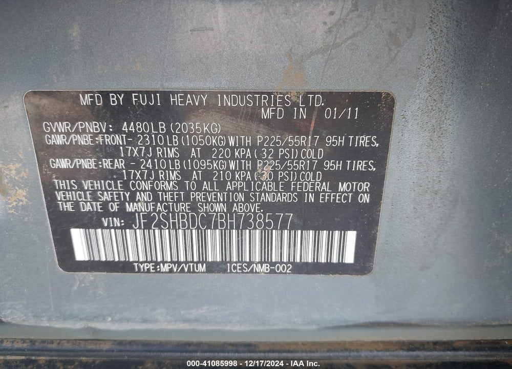 2011 SUBARU FORESTER 2.5X PREMIUM VIN: JF2SHBDC7BH738577
