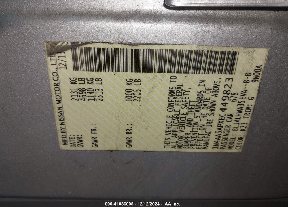 2014 NISSAN MAXIMA 3.5 SV VIN: 1N4AA5APXEC449823
