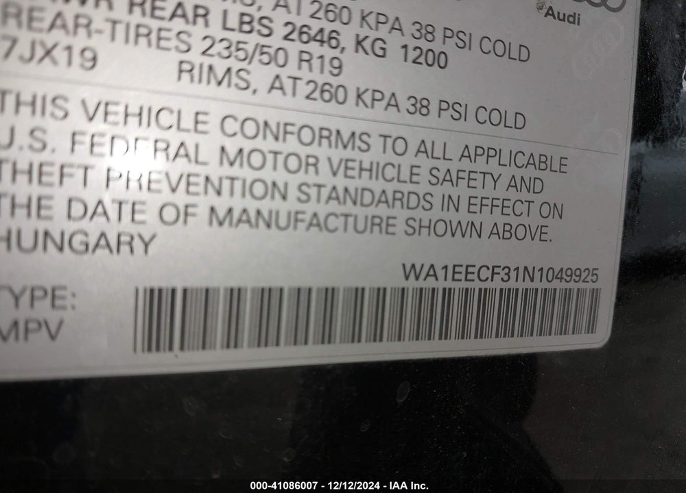 2022 AUDI Q3 VIN: WA1EECF31N1049925