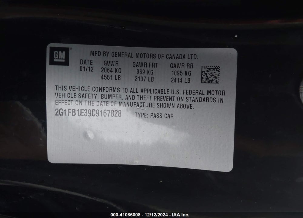 2012 CHEVROLET CAMARO 1LT VIN: 2G1FB1E39C9167828