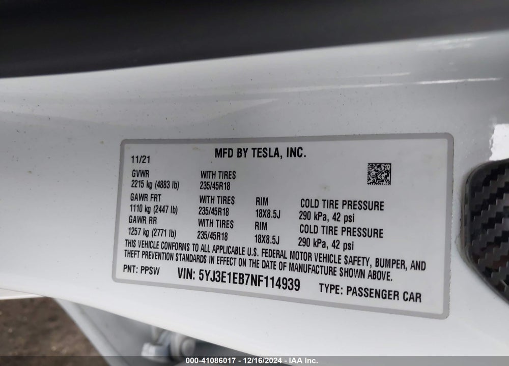 2022 TESLA MODEL 3 LONG RANGE DUAL MOTOR ALL-WHEEL DRIVE VIN: 5YJ3E1EB7NF114939