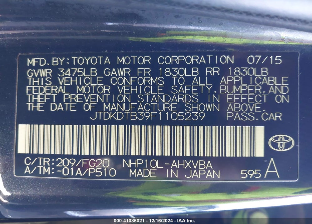 2015 TOYOTA PRIUS C TWO VIN: JTDKDTB39F1105239