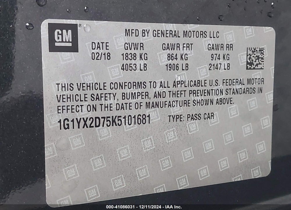 2019 CHEVROLET CORVETTE GRAND SPORT VIN: 1G1YX2D75K5101681