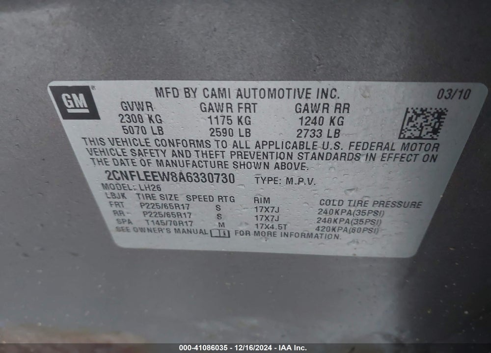 2010 CHEVROLET EQUINOX LT VIN: 2CNFLEEW8A6330730