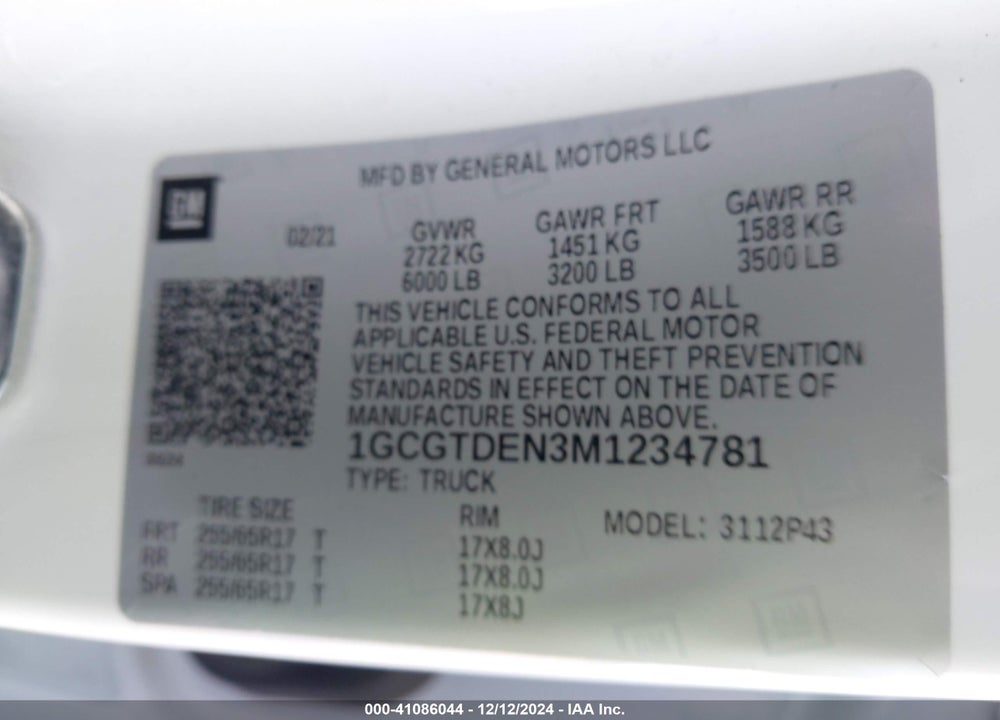 2021 CHEVROLET COLORADO 4WD SHORT BOX Z71 VIN: 1GCGTDEN3M1234781